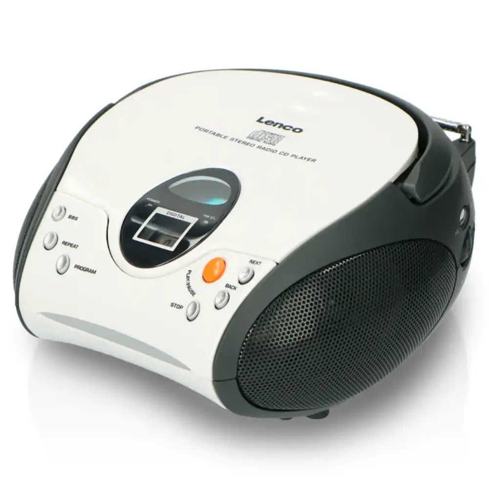 Lenco SCD-24 portable stereo FM radio CD player in white and black with digital display, control buttons and speaker grille