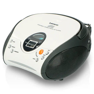 Lenco SCD-24 portable stereo FM radio CD player in white and black with digital display, control buttons and speaker grille