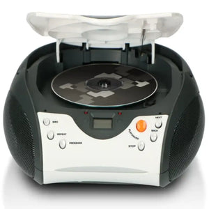 Lenco SCD-24 portable stereo CD player and FM radio boombox with white and dark grey design, featuring fabric speakers, control buttons, and open CD tray on top