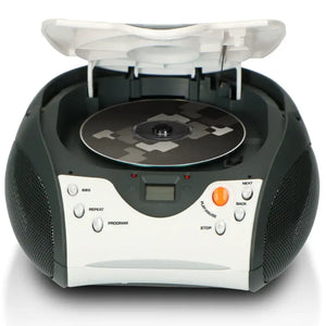Lenco SCD-24WHITE portable stereo boombox with FM radio and CD player featuring white and dark gray design, fabric speakers, and control buttons including play, stop, next, back, repeat and program functions with open CD tray on top
