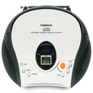 Lenco SCD-24 portable stereo FM radio CD player with white top panel and black speakers, featuring digital display and control buttons