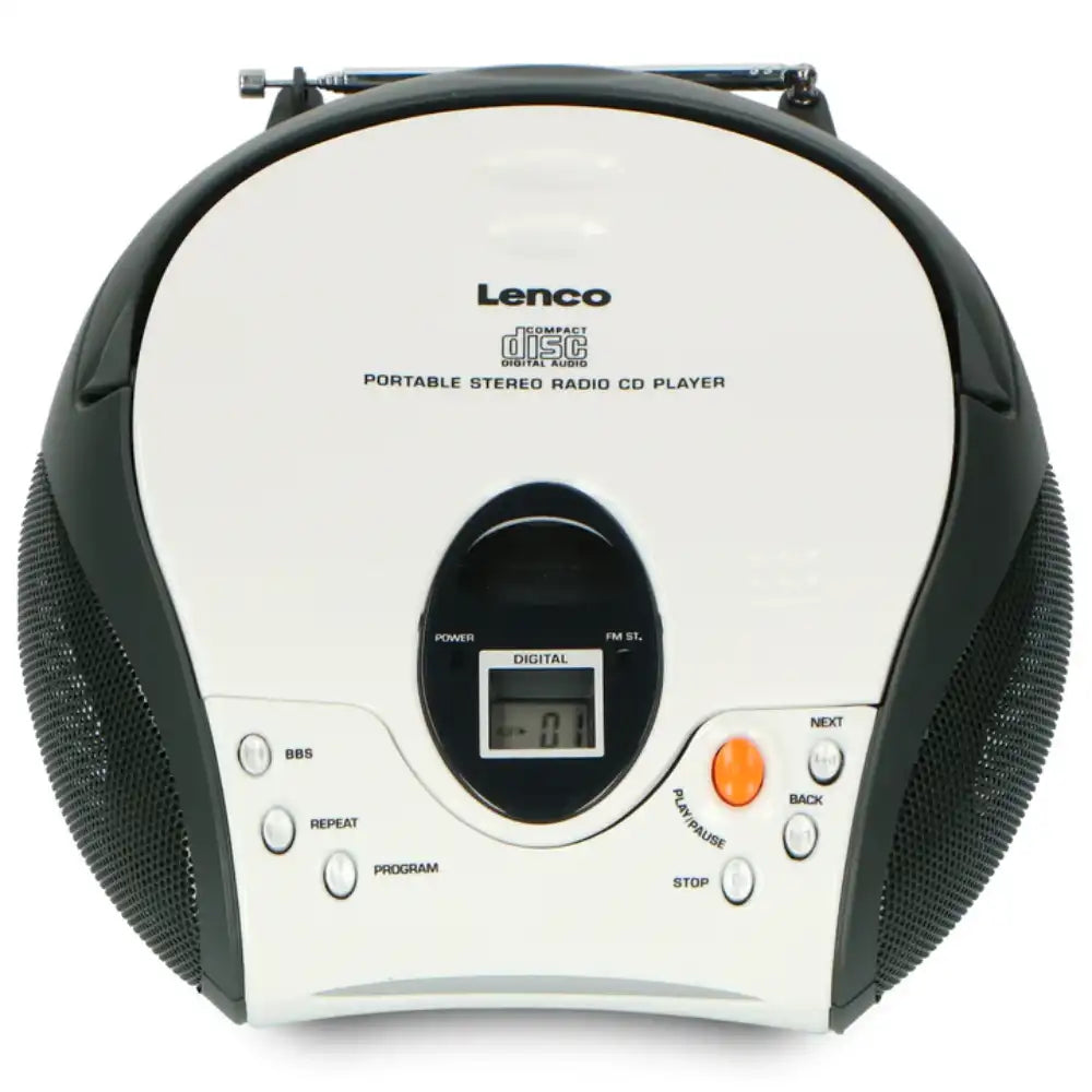 Lenco portable stereo CD player with FM radio in white and black, featuring digital display, mesh speakers on sides, control buttons and orange play button