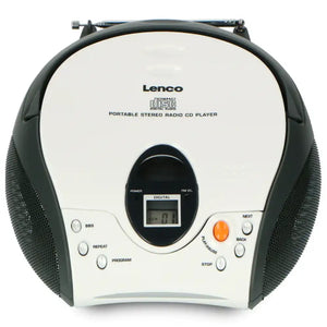 Lenco portable stereo CD player with FM radio in white and black, featuring digital display, mesh speakers on sides, control buttons and orange play button