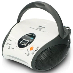 Lenco SCD-24 portable stereo CD player with FM radio in white and grey featuring headphones, control buttons and speaker grille