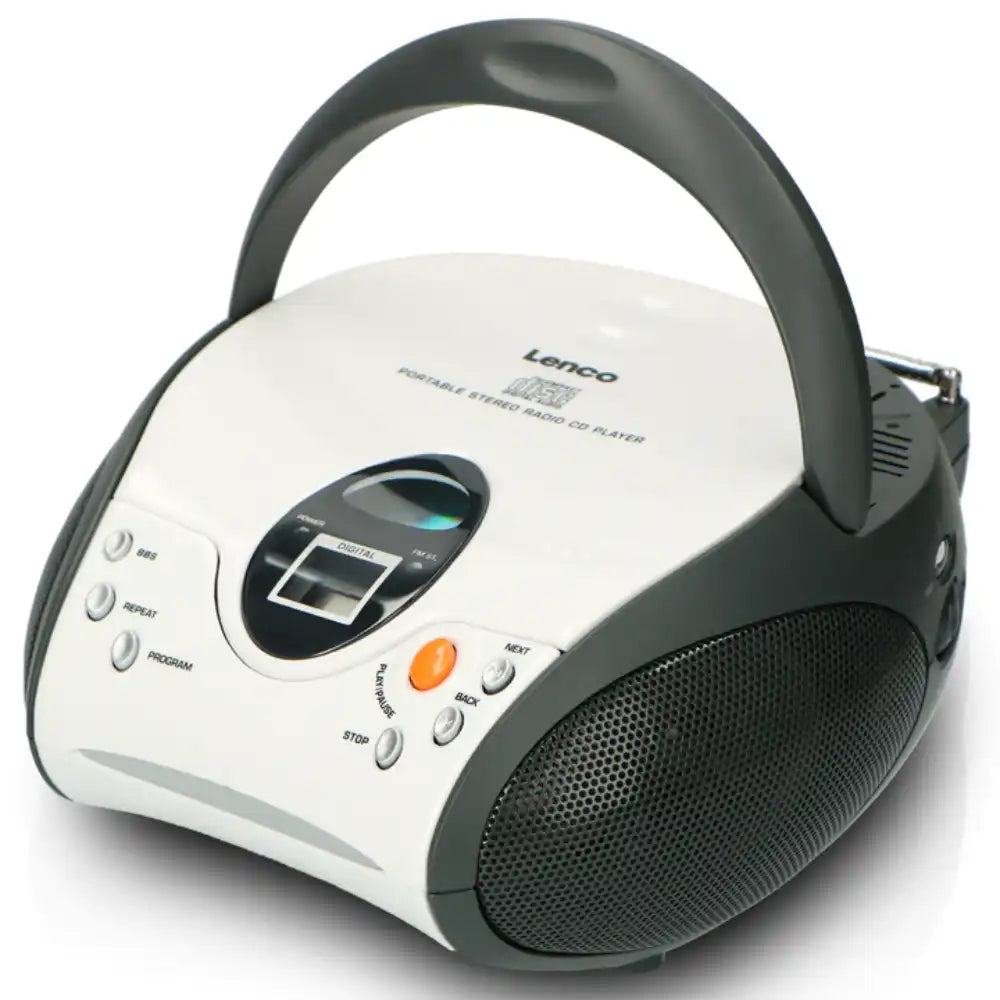 Lenco SCD-24 portable stereo FM radio CD player in white and grey with headphones, LCD display, and control buttons