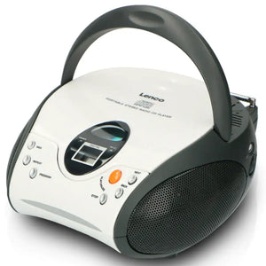 Lenco SCD-24 portable stereo FM radio CD player in white and grey with headphones, LCD display, and control buttons