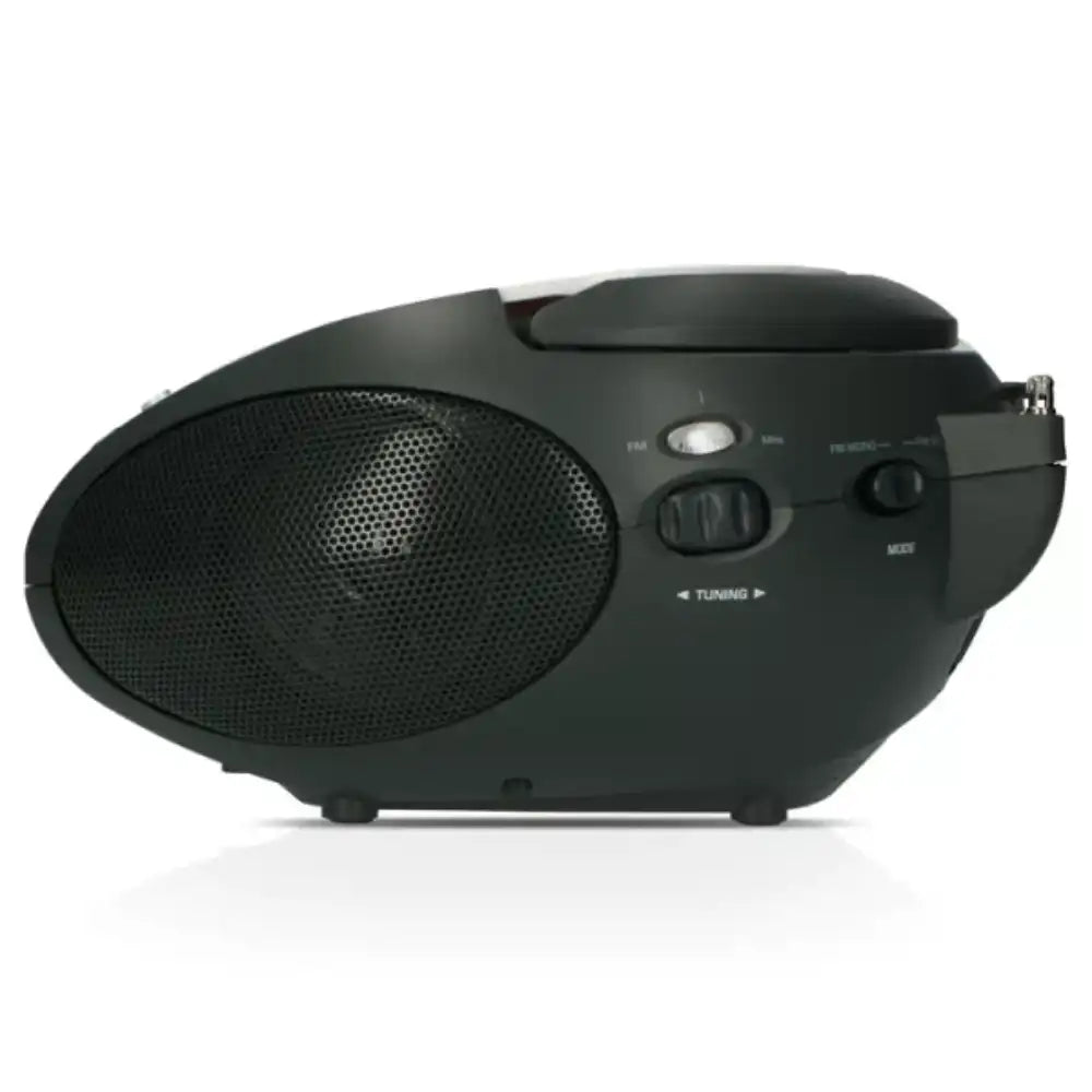 Black portable stereo FM radio with CD player featuring large speaker grille, tuning controls, mode buttons and carry handle on top