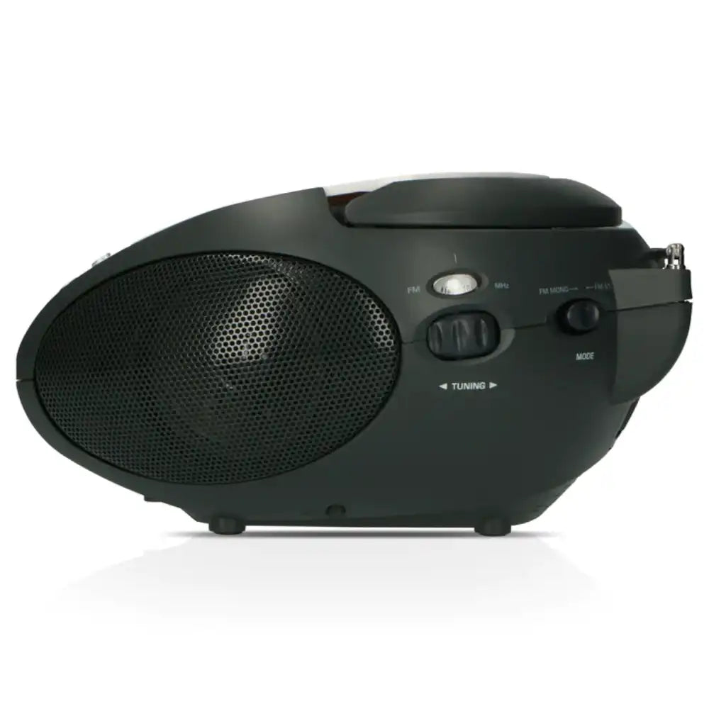 Lenco SCD-24 portable stereo FM radio with CD player in black featuring large speaker grille, tuning controls, mode button and carrying handle on white background