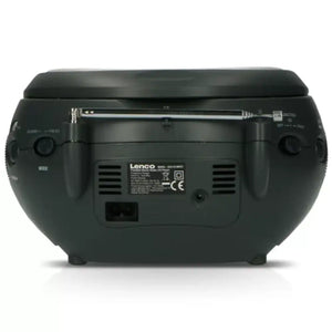Back view of black Lenco portable stereo boombox with CD player, FM radio tuner, dual speakers, and carrying handle