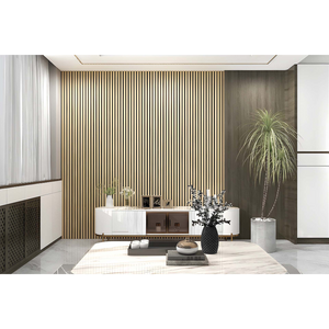 Modern luxury interior featuring vertical acoustic wall panels in natural wood tones with gold accents, contemporary furniture, marble flooring, potted plants and minimalist decor in a sophisticated living space