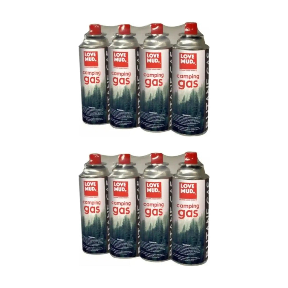 Two 4-packs of Love Mud 227g butane camping gas canisters, eight canisters in total with red caps and forest-print labels, bundle on a white background