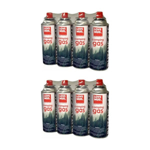 Two 4-packs of Love Mud 227g butane camping gas canisters, eight canisters in total with red caps and forest-print labels, bundle on a white background