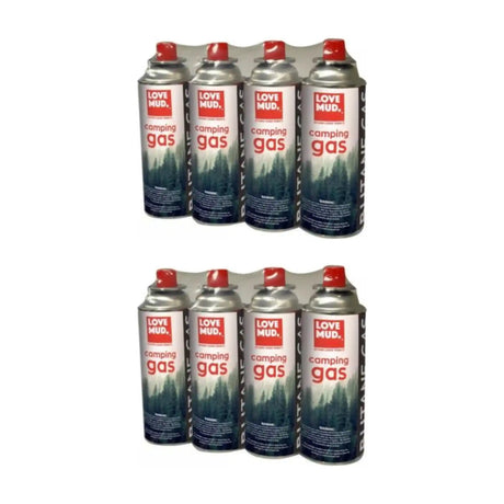 Two 4-packs of Love Mud 227g butane camping gas canisters, eight canisters in total with red caps and forest-print labels, bundle on a white background
