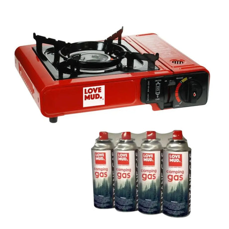 Love Mud Single Burner Portable Gas Camping / Fishing Stove & Love Mud Butane Gas 4 Pack