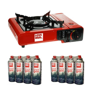 Red Love Mud single burner portable gas camping stove with two 4-packs of Love Mud 227g butane camping gas canisters, eight canisters in total, on a white background