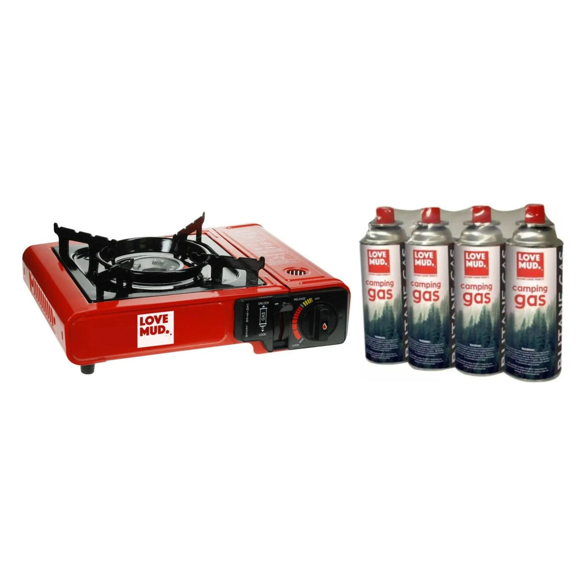 Love Mud bundle: red single burner portable gas stove beside a 4 pack of Love Mud 227g butane camping gas canisters