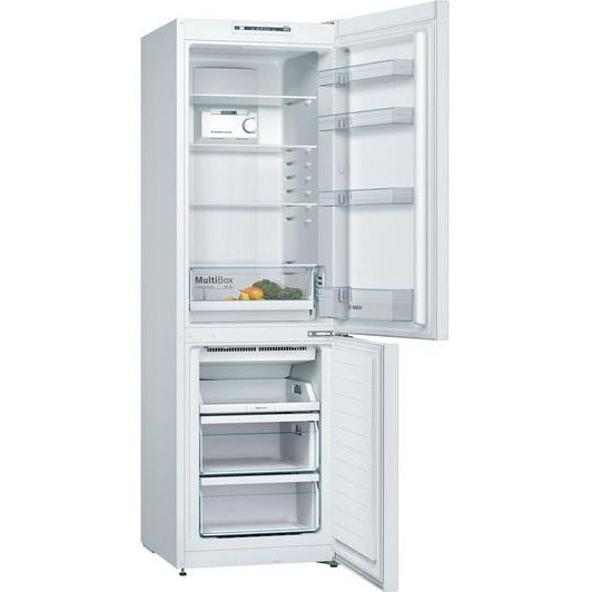 A white top-freezer refrigerator shown with all doors open, revealing multiple shelves, a crisper, and two lower drawer compartments. The interior is clean and bright, with a small food tray visible inside the upper crisper.
