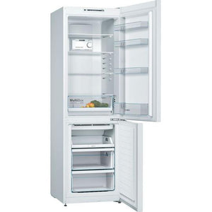 A white top-freezer refrigerator shown with all doors open, revealing multiple shelves, a crisper, and two lower drawer compartments. The interior is clean and bright, with a small food tray visible inside the upper crisper.