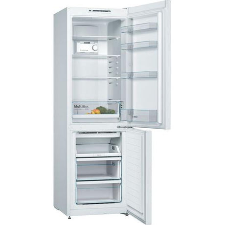 A white top-freezer refrigerator shown with all doors open, revealing multiple shelves, a crisper, and two lower drawer compartments. The interior is clean and bright, with a small food tray visible inside the upper crisper.