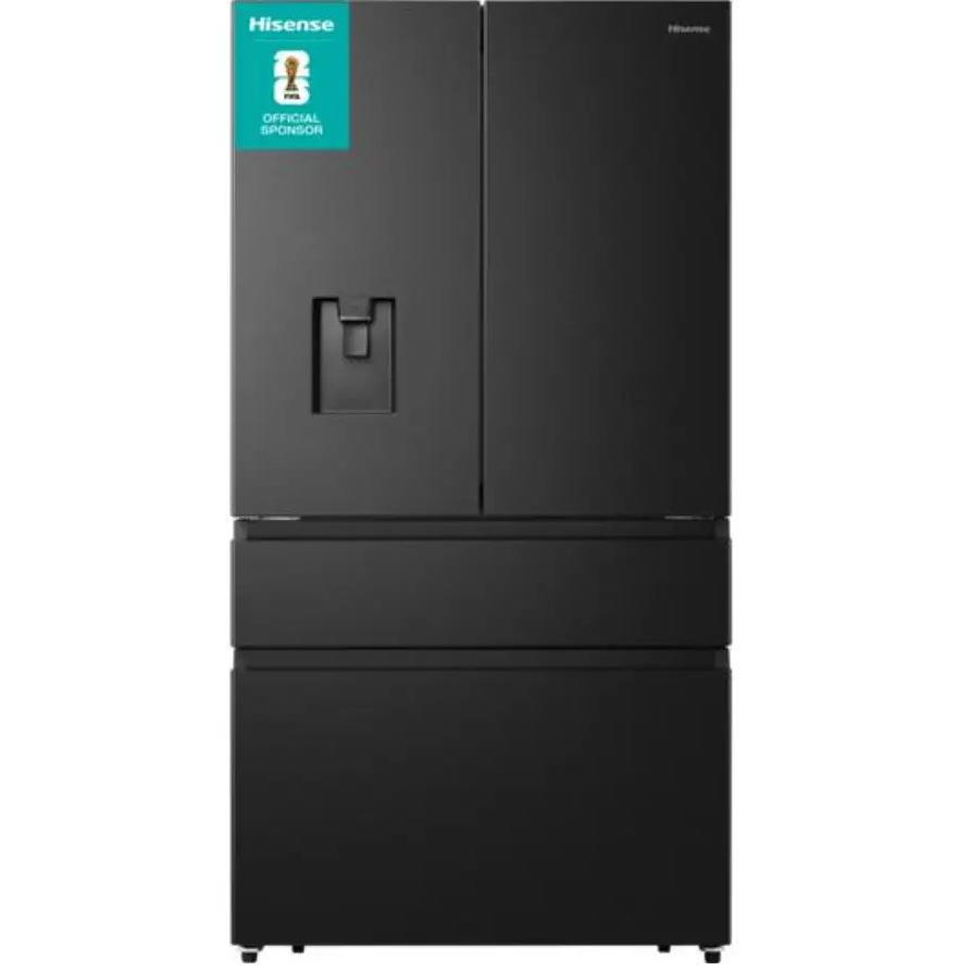 Hisense PureFlat black stainless steel fridge freezer with water dispenser, four-door design featuring dual upper doors and two lower drawers, official World Cup sponsor badge displayed on upper left corner