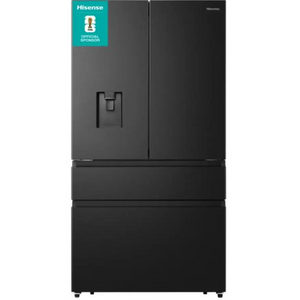 Hisense PureFlat black stainless steel fridge freezer with water dispenser, four-door design featuring dual upper doors and two lower drawers, official World Cup sponsor badge displayed on upper left corner