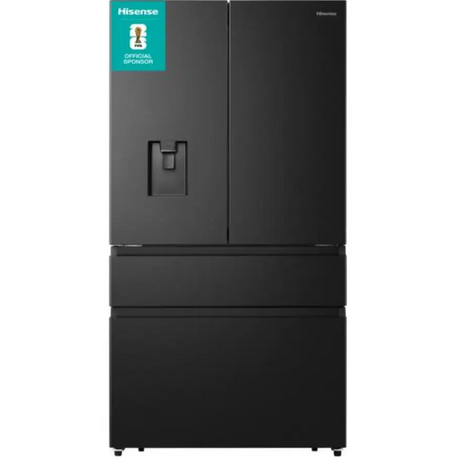 Hisense PureFlat black stainless steel fridge freezer with water dispenser, four-door design featuring dual upper doors and two lower drawers, official World Cup sponsor badge displayed on upper left corner