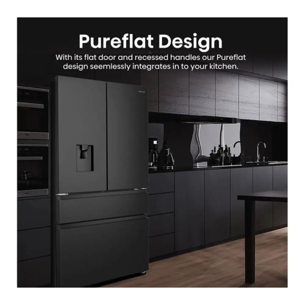 Hisense PureFlat black stainless steel fridge freezer with flat door and recessed handles in modern kitchen setting with dark cabinetry and wooden flooring