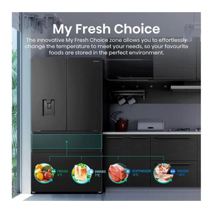 Hisense PureFlat black stainless steel fridge freezer with My Fresh Choice zone showing temperature settings for fridge 5°C, drinks 1°C, softfreezer -6°C and freezer -18°C with water dispenser