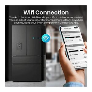 Hisense PureFlat black stainless steel fridge freezer with WiFi connection showing smart home app control on smartphone displaying temperature settings and features like super cool and ice maker functions
