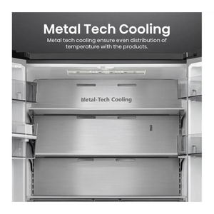 Interior view of Hisense PureFlat black stainless steel fridge freezer showing metal-tech cooling shelves with even temperature distribution across multiple compartments