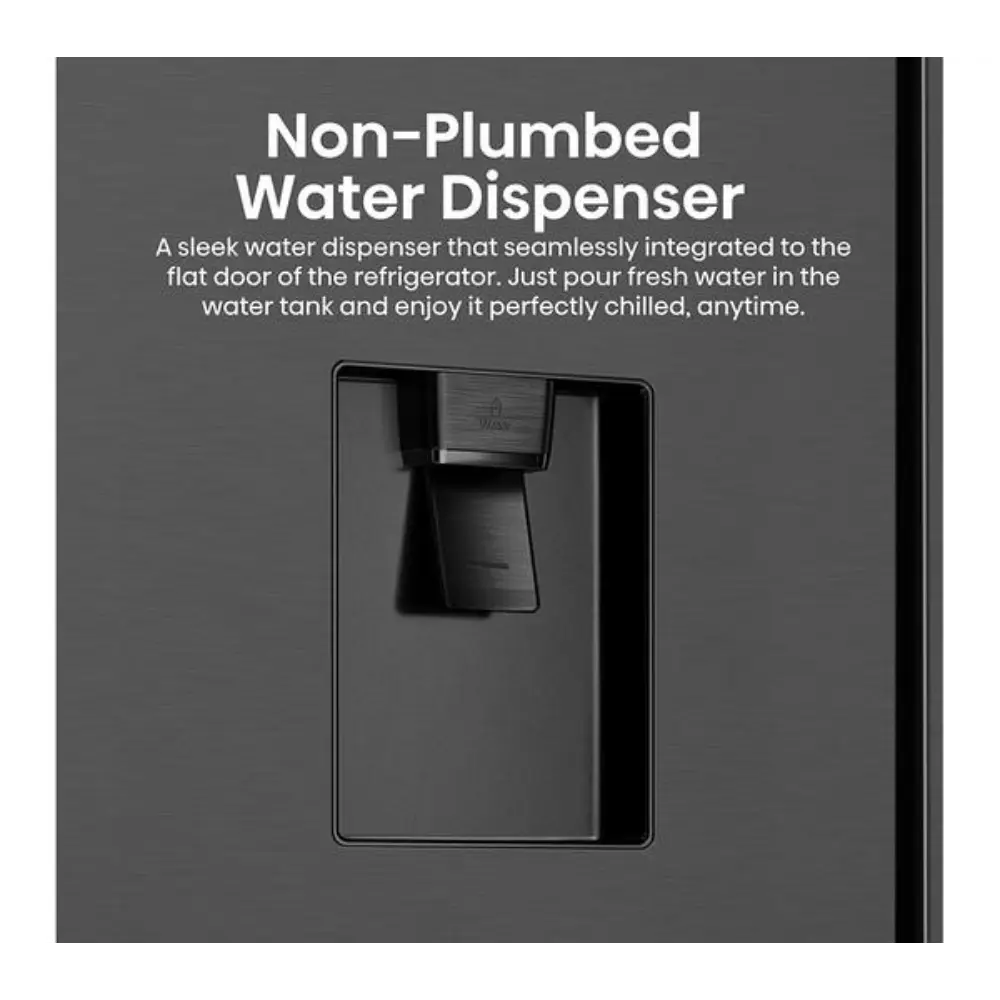 Close-up of a black stainless steel refrigerator door showing a non-plumbed water dispenser integrated into the flat door surface with a spout and water tank chamber visible