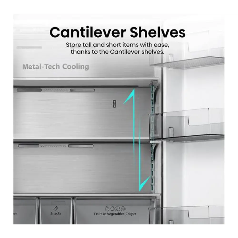 Hisense PureFlat RF749N4SWFE fridge freezer in black stainless steel showing cantilever shelves feature with Metal-Tech Cooling system and Fruit & Vegetables Crisper drawer