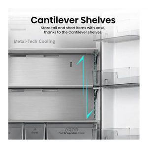 Hisense PureFlat RF749N4SWFE fridge freezer in black stainless steel showing cantilever shelves feature with Metal-Tech Cooling system and Fruit & Vegetables Crisper drawer