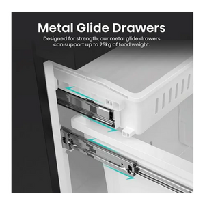 Close-up of metal glide drawer mechanism in white refrigerator showing two extended drawers with turquoise arrow indicators demonstrating smooth gliding motion, highlighting 25kg food weight capacity feature