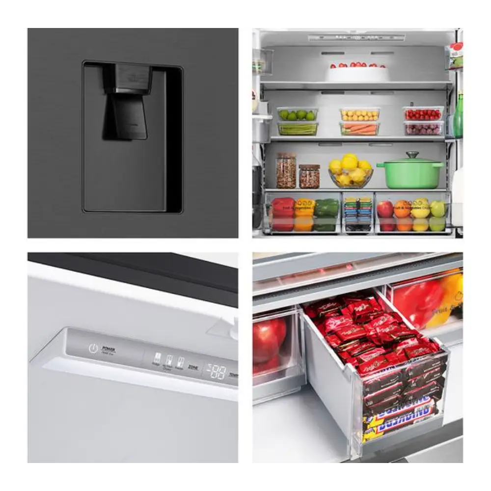 Hisense PureFlat black stainless steel fridge freezer RF749N4SWFE showing exterior water and ice dispenser, interior shelving with fresh produce and groceries, digital temperature controls, and pull-out freezer drawer with frozen food items