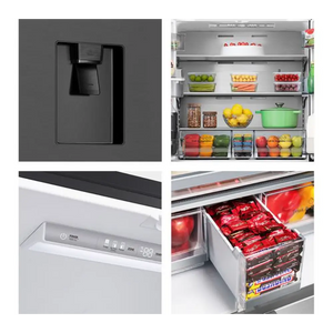 Hisense PureFlat black stainless steel fridge freezer RF749N4SWFE showing exterior water and ice dispenser, interior shelving with fresh produce and groceries, digital temperature controls, and pull-out freezer drawer with frozen food items