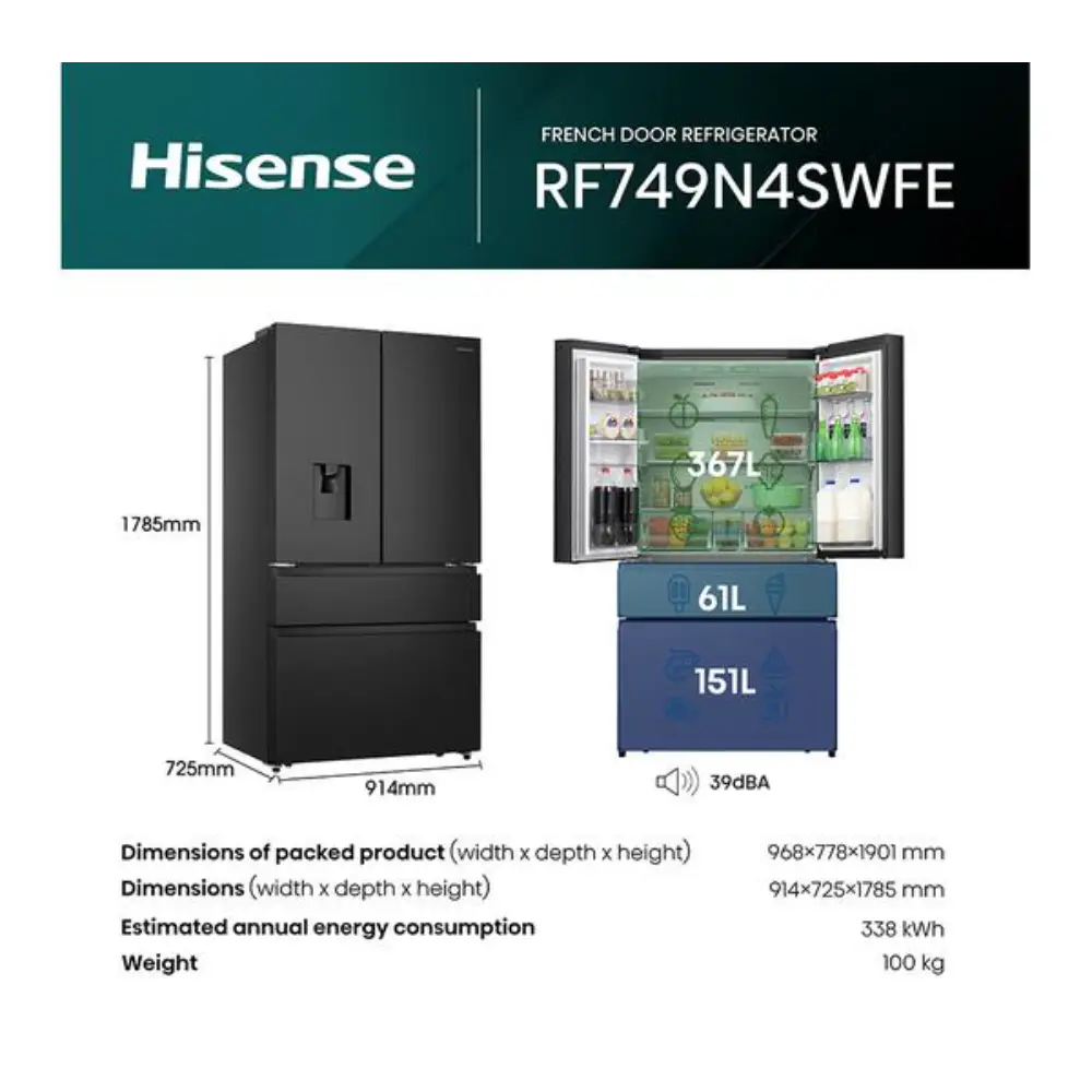 Hisense RF749N4SWFE French door refrigerator in black stainless steel with dimensions and capacity details showing 367L fridge and 151L freezer compartments, 1785mm height, 914mm width, 725mm depth, 100kg weight and 39dB noise level