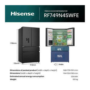 Hisense RF749N4SWFE French door refrigerator in black stainless steel with dimensions and capacity details showing 367L fridge and 151L freezer compartments, 1785mm height, 914mm width, 725mm depth, 100kg weight and 39dB noise level