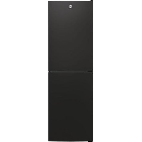 Hoover HOCT3L517EBK black freestanding 50/50 fridge freezer with 176cm height, featuring divided upper refrigerator and lower freezer compartments with chrome handle detail