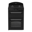 Black Leisure Classic double oven gas cooker with four gas burners, digital display, dual oven compartments with silver handles and wire racks, front-facing product view