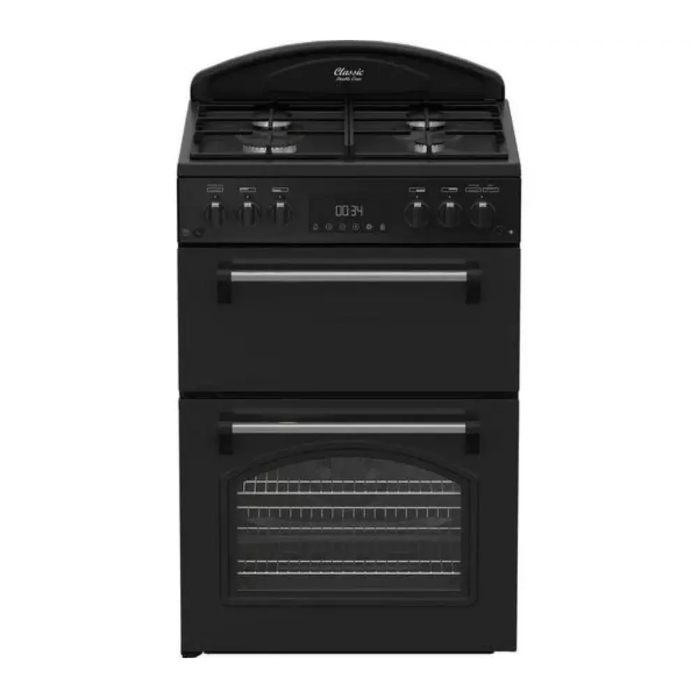 Black Leisure Classic double oven gas cooker with four gas burners, digital display, dual oven compartments with silver handles and wire racks, front-facing product view
