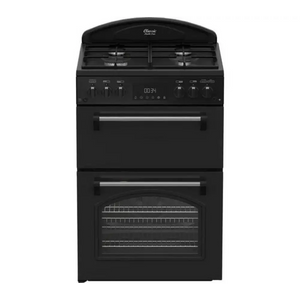Black Leisure Classic double oven gas cooker with four gas burners, digital display, dual oven compartments with silver handles and wire racks, front-facing product view
