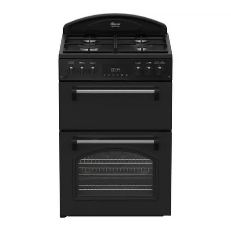 Black Leisure Classic double oven gas cooker with four gas burners, digital display, dual oven compartments with silver handles and wire racks, front-facing product view