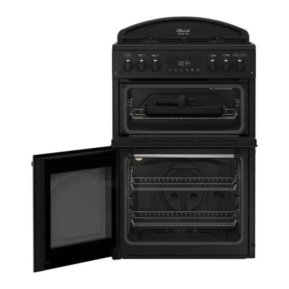 Leisure Classic double oven gas cooker in black with dual ovens, six gas burners on top, digital display, and open lower oven door showing wire shelving