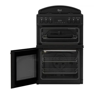 Leisure Classic double oven gas cooker in black with dual ovens, six gas burners on top, digital display, and open lower oven door showing wire shelving