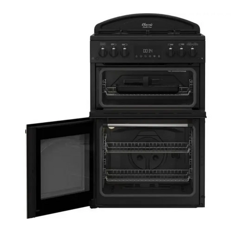 Leisure Classic double oven gas cooker in black with dual ovens, six gas burners on top, digital display, and open lower oven door showing wire shelving