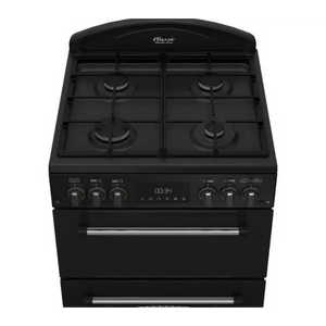 Black Leisure Classic double oven gas cooker with four gas burners, digital display, control knobs and stainless steel handles