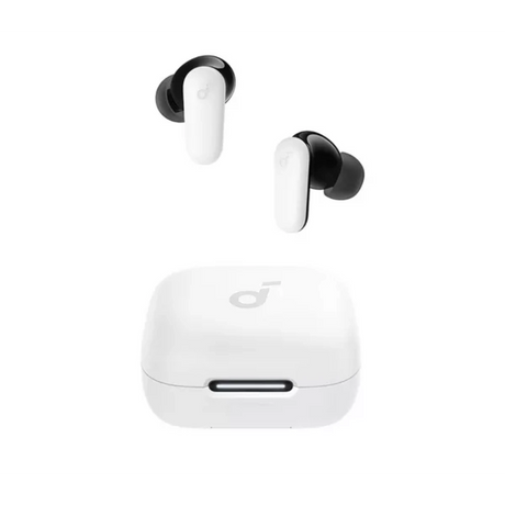 White wireless earbuds with charging case on a white background