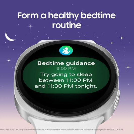 Samsung Galaxy Watch 8 Cellular LTE 44mm smartwatch in graphite displaying bedtime routine guidance on AMOLED screen against starry night background