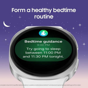 Samsung Galaxy Watch 8 Cellular LTE 44mm smartwatch in graphite displaying bedtime routine guidance on AMOLED screen against starry night background
